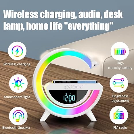 3 In 1 G Shaped Lamp, Speaker, Wireless Charger & Alarm Clock